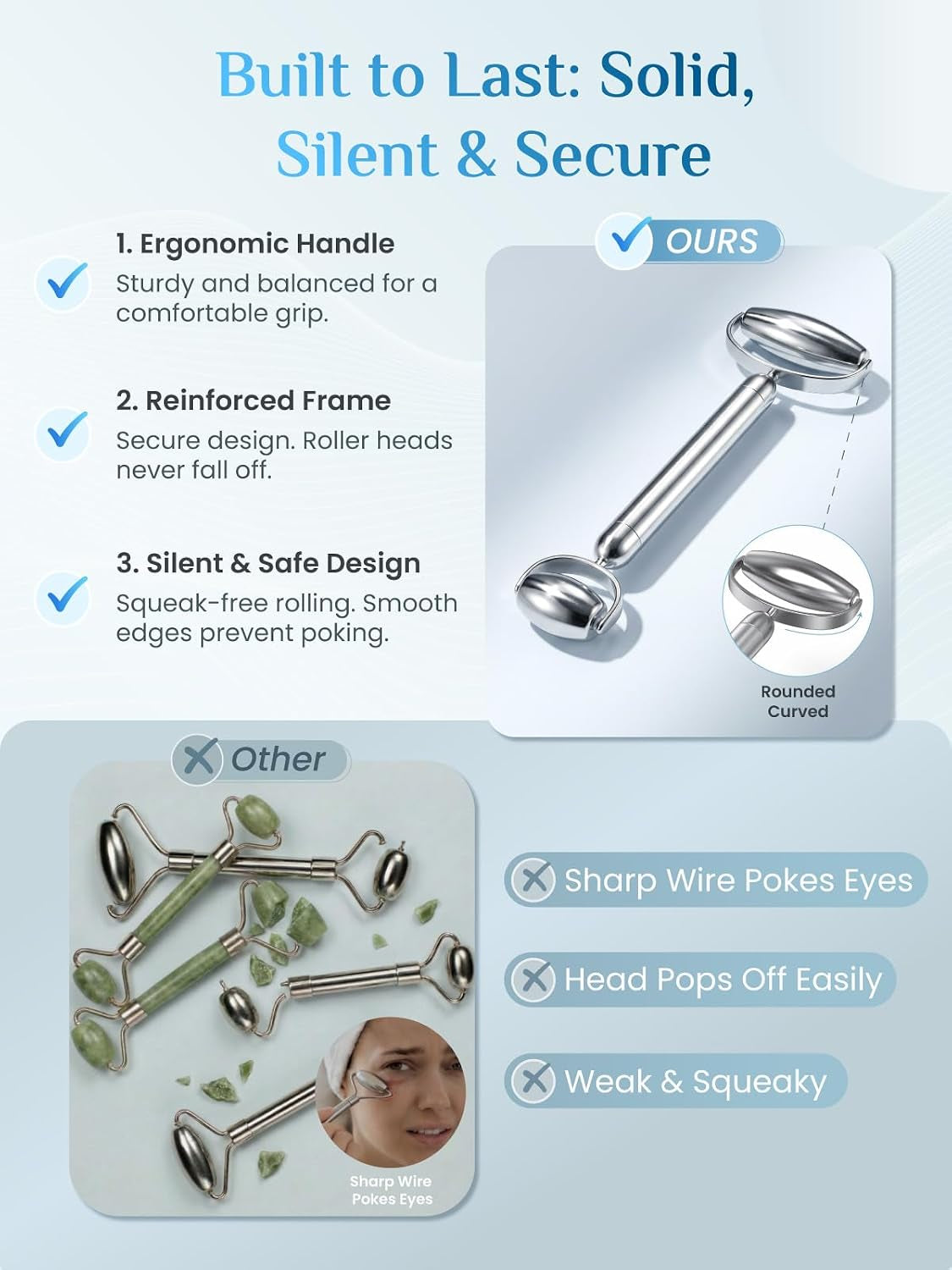 Gua Sha and Face Roller Set: Anti-Breakage Stainless Steel Roller for Long-Lasting Use, Jawline Sculpting and Puffiness Reducing, Gua Sha Facial Tools for Self Care Gift (Silver)