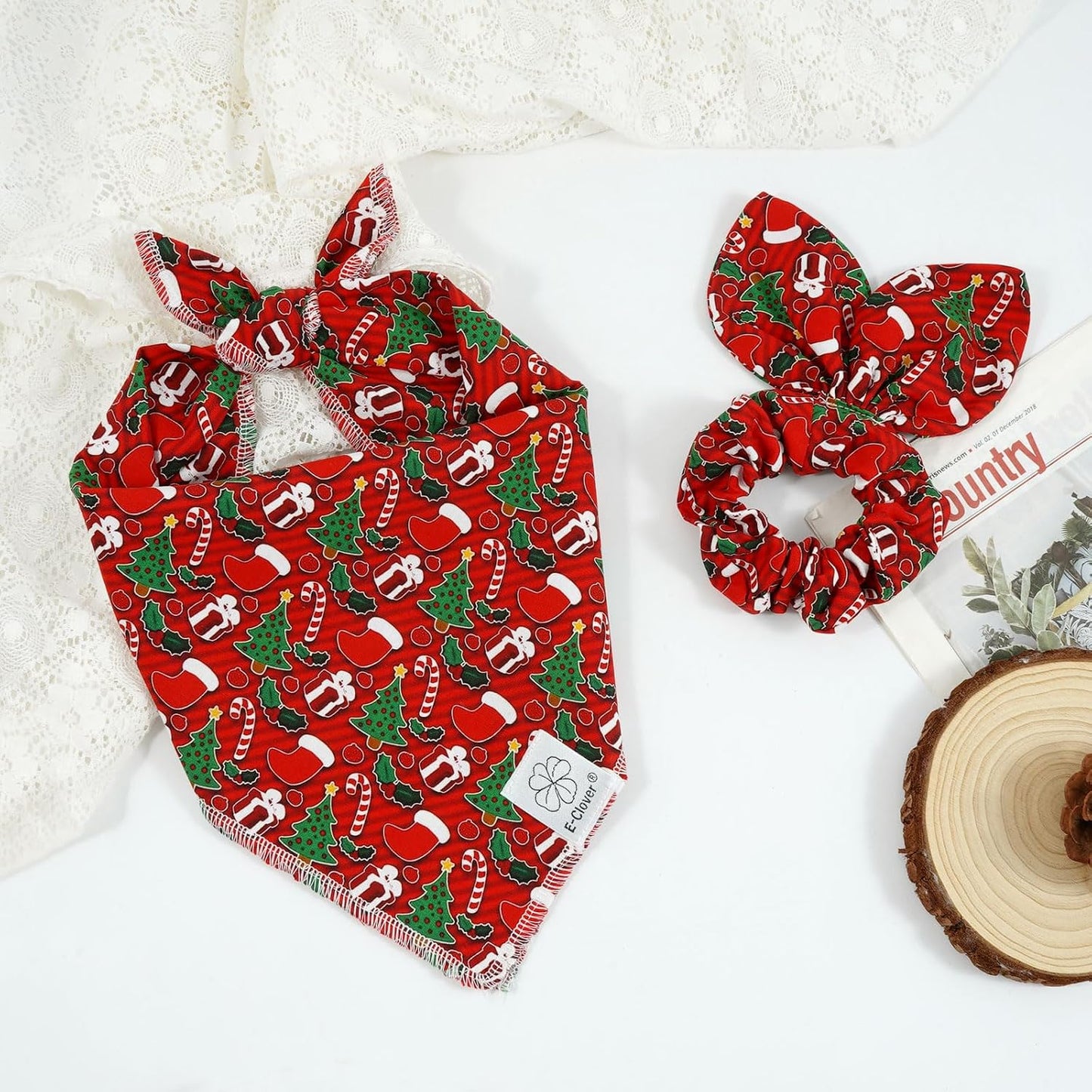 Christmas Dog Bandanas & Matching Scrunchie Set Green Red Dog Scarf Bibs Pet Bandana with Bow Tie for Medium Large Dogs Owner Mom Winter