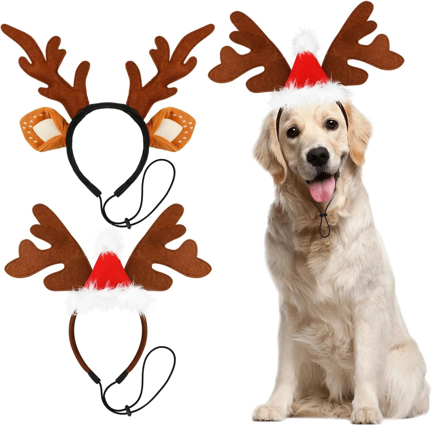 2 PCS Dog Elk Reindeer Antler Headband with Santa Hat, Pet Christmas Reindeer Antlers Headband with Adjustable Elastic Band, Xmas Elk Headwear Pet Costumes Accessories for Medium Large Dogs