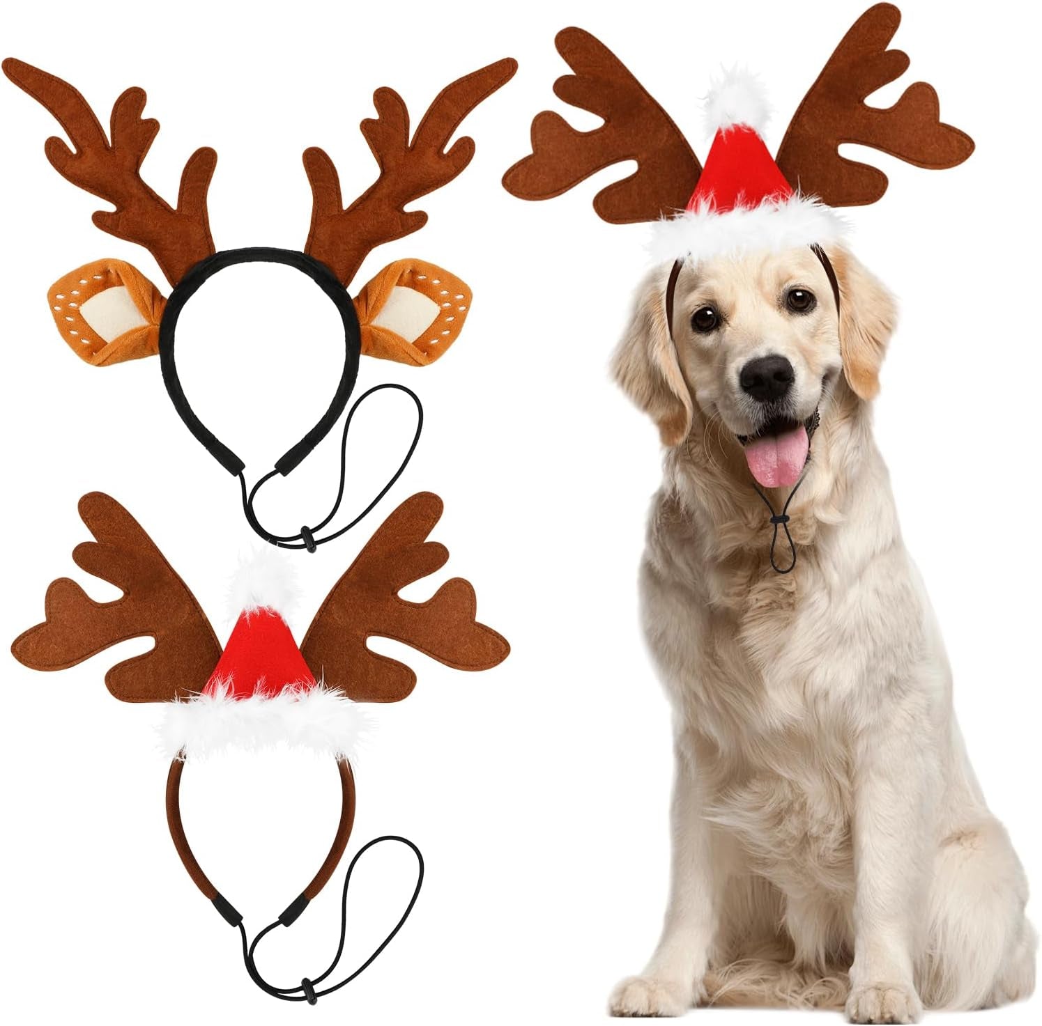 2 PCS Dog Elk Reindeer Antler Headband with Santa Hat, Pet Christmas Reindeer Antlers Headband with Adjustable Elastic Band, Xmas Elk Headwear Pet Costumes Accessories for Medium Large Dogs