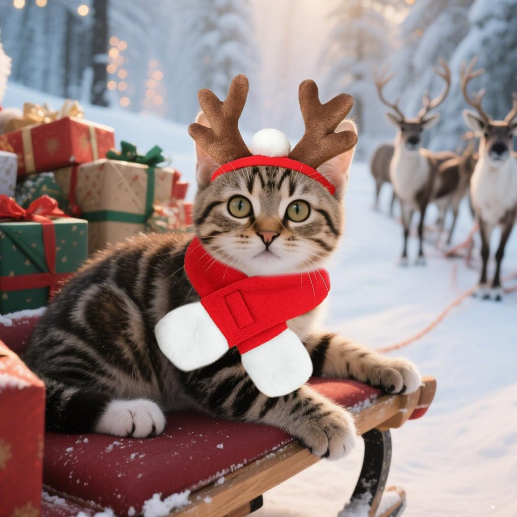 Pet Reindeer Costume for Cats Small Dogs Rabbits, Christmas Cat Antler Headband with Red Scarf, Small Dog Santa Deer Antler Outfit for Christmas New Year Party Cosplay Statue Decoration