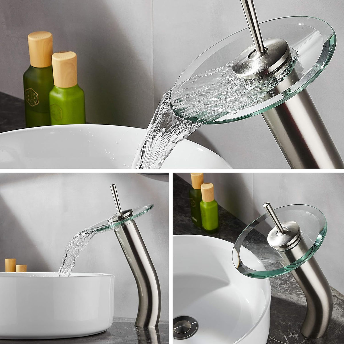 Waterfall Bathroom Faucet Glass Single Handle Solid Brass Basin Lavatory Vessel Sink Vanity Faucet,Tall,Brushed Nickel