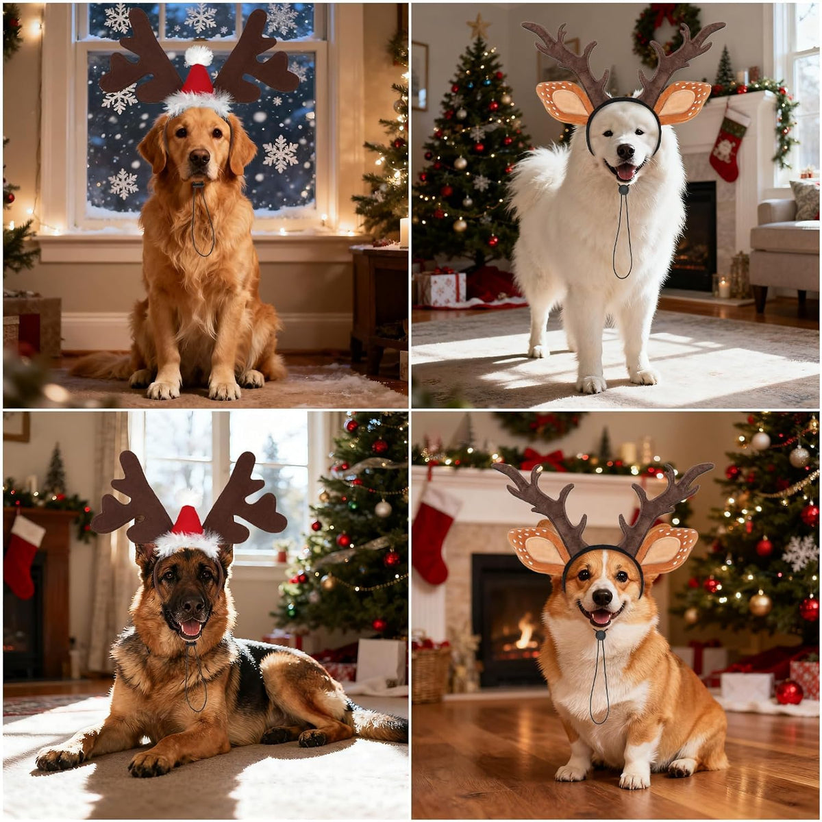 Dog Reindeer Antlers Headbands with Santa Hat, Pet Christmas Costume