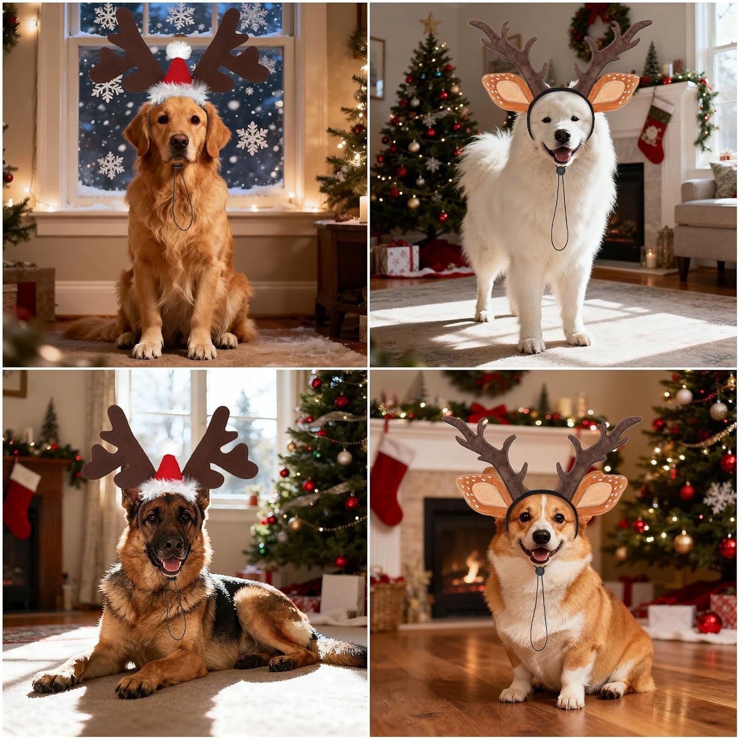 Dog Reindeer Antlers Headbands with Santa Hat, Pet Christmas Costume