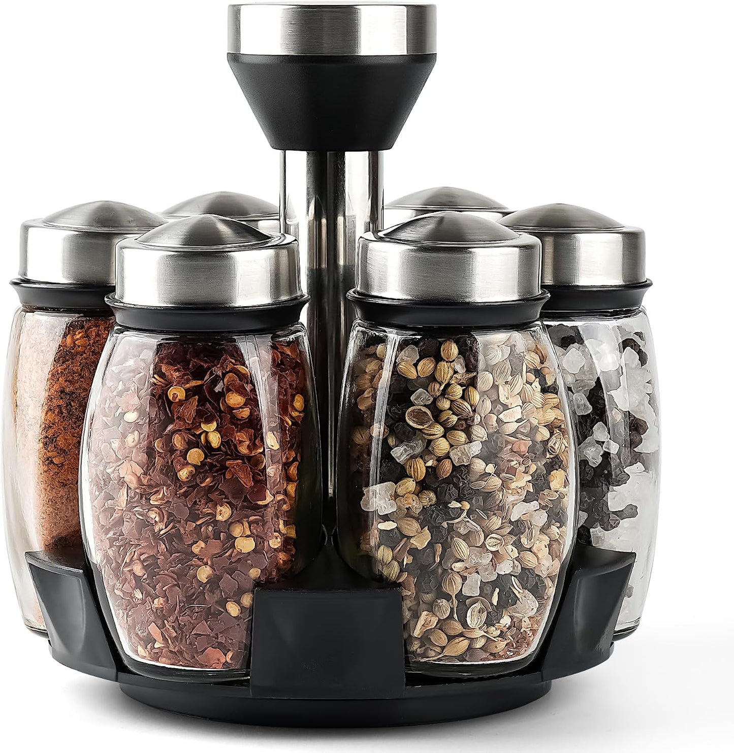 6 Pack Spinning Glass Spice Jars with Organizer Rack for Countertop