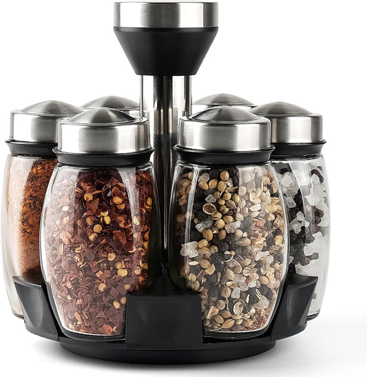 6 Pack Spinning Glass Spice Jars with Organizer Rack for Countertop