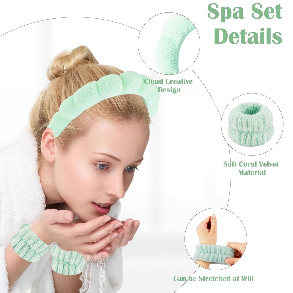 Spa Headband and Wristband Set for Women with Ice Jade Roller and Gua Sha, Skin Care Set Tools Puffy Makeup Headband Teen Girl Gifts Trendy Stuff Hair Accessories for Women