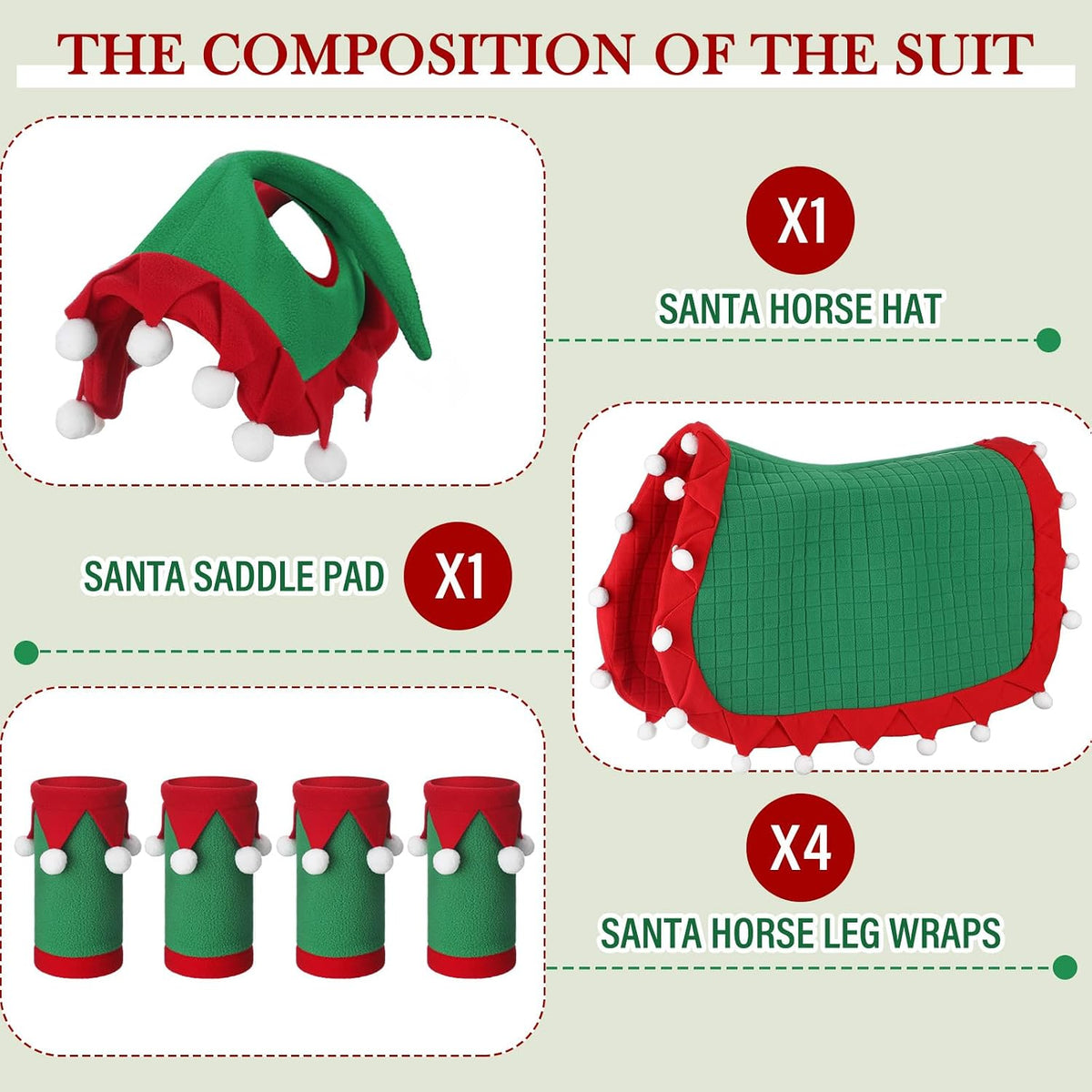 6 Pcs Christmas Holiday Santa Leg Wraps with Faux Fur Trim Holiday Santa Horse Hat All Purpose Santa Saddle Pad for Christmas Horse Costume Accessories