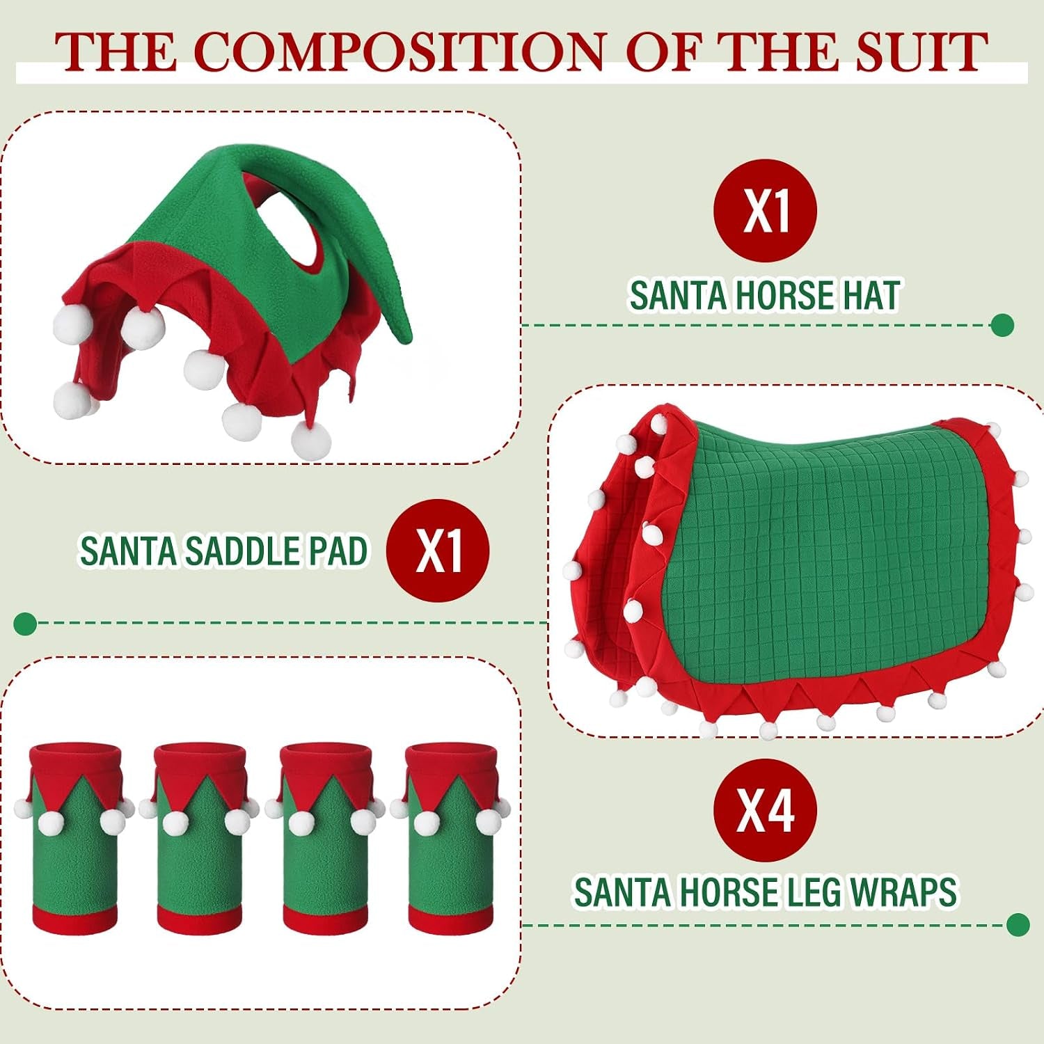 6 Pcs Christmas Holiday Santa Leg Wraps with Faux Fur Trim Holiday Santa Horse Hat All Purpose Santa Saddle Pad for Christmas Horse Costume Accessories