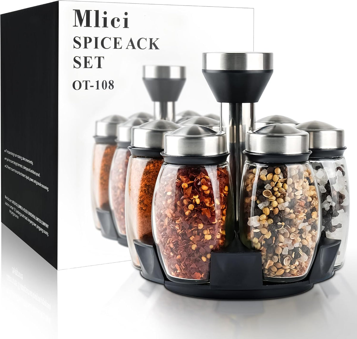 6 Pack Spinning Glass Spice Jars with Organizer Rack for Countertop