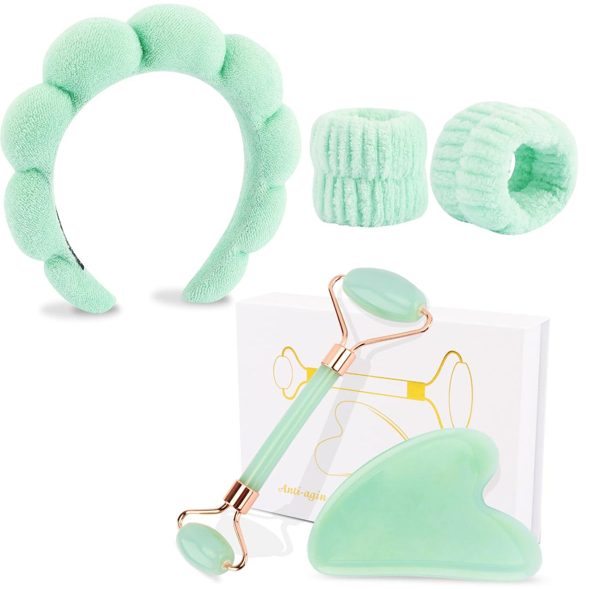 Spa Headband and Wristband Set for Women with Ice Jade Roller and Gua Sha, Skin Care Set Tools Puffy Makeup Headband Teen Girl Gifts Trendy Stuff Hair Accessories for Women