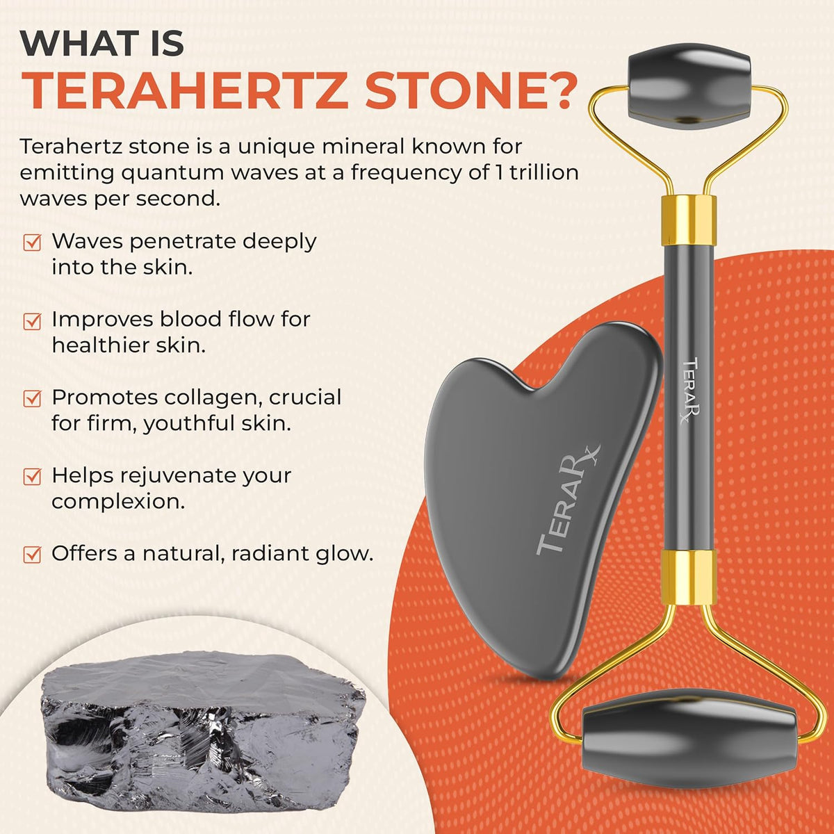 ® Terahertz Gua Sha & Facial Roller Set – 100% Authentic Terahertz Stone Face Roller to Reduce Puffiness, Improve Wrinkle Lines & Relieve Facial Tension – Perfect for Eye Massage and Relaxation
