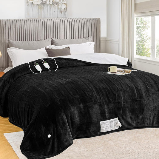 Heated Blanket Electric King Size 100"X90" Dual Control, Heating Blanket 10 Heat Levels 1/2/4/6/8 Hours Auto-Off Overheat Protection, Soft Sherpa Warm Blanket, ETL Certified Lacquered Black