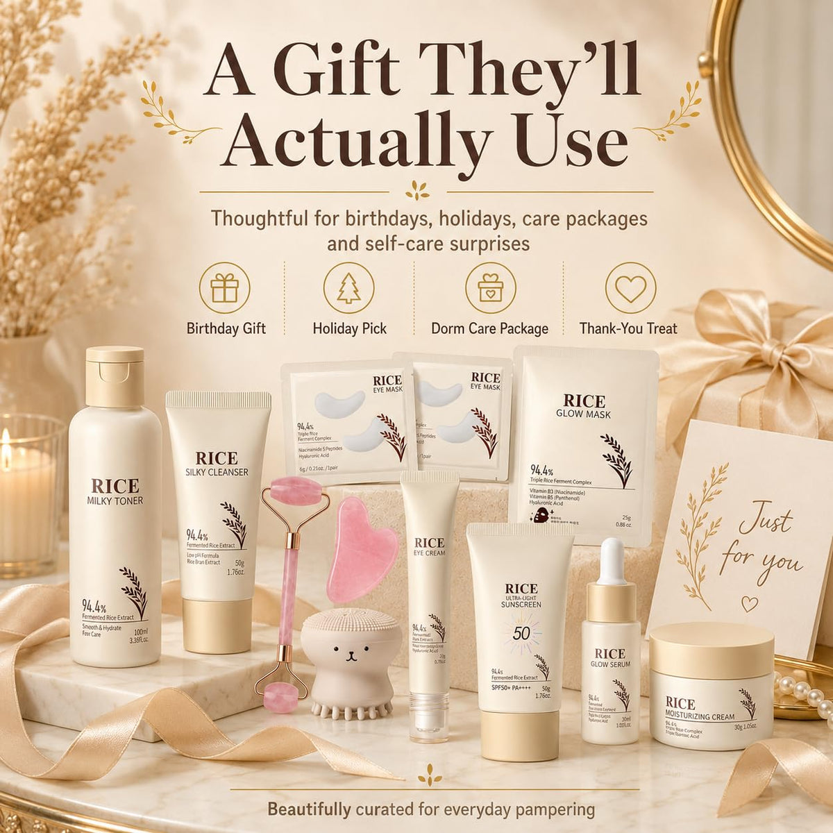13PCS Rice Korean Skin Care Set, Korean Skincare Set, Korean Skin Care Kit - Rice Cleanser, Toner, Serum, Cream, Mask, Gua Sha & Headband, Gentle Skincare for Girls 10-12