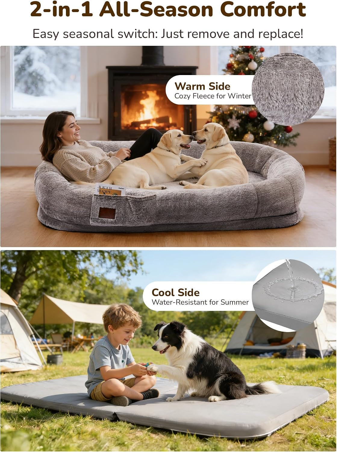 Human Dog Bed 75"X47"X12", Dual-Sided Waterproof Washable Grey