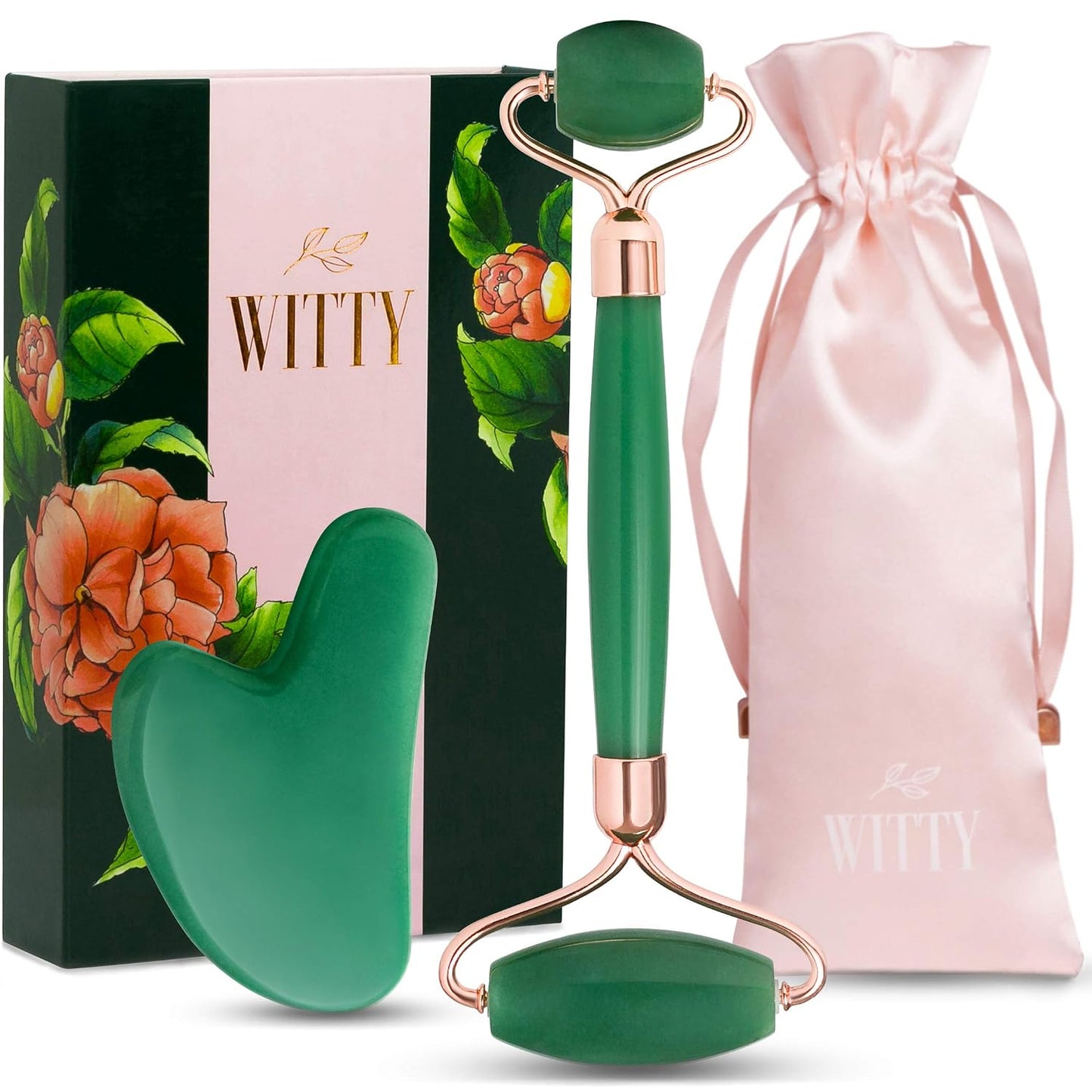 Jade Face Roller and Gua Sha Set in Hand-Drawn Giftbox - Gua Sha Stone, Face Massager Roller, Beauty Massage Face Scraper Tools - Guasha Tool for Face Roller Skin Care, Eyes, Neck - Extra Pouch