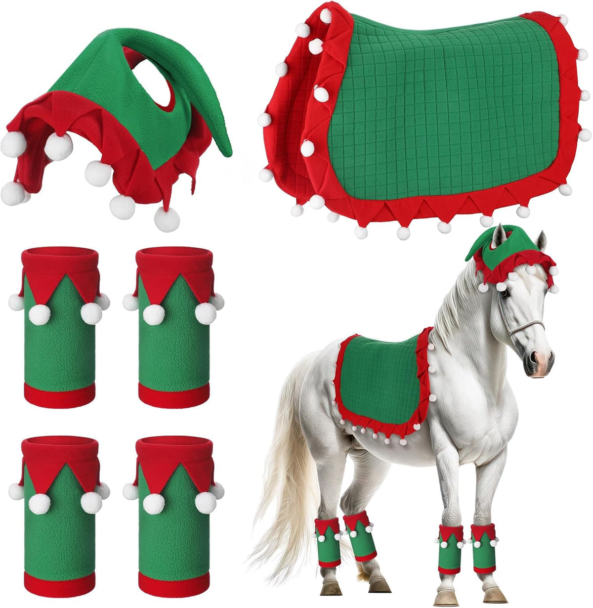 6 Pcs Christmas Holiday Santa Leg Wraps with Faux Fur Trim Holiday Santa Horse Hat All Purpose Santa Saddle Pad for Christmas Horse Costume Accessories