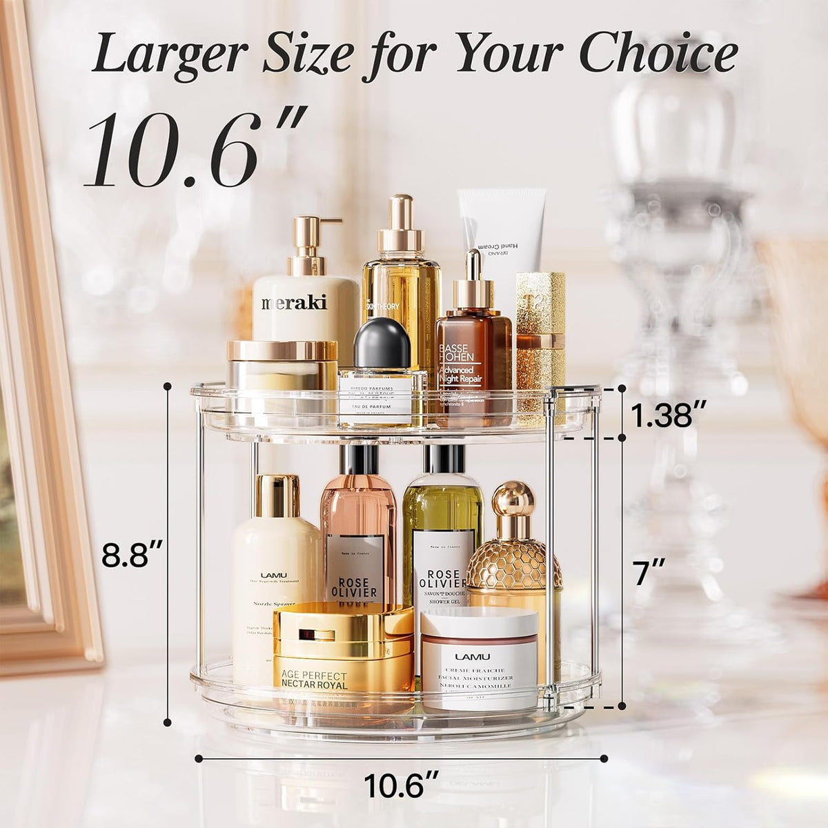 4 Pack 10.6'' 2-Tier Lazy Susan Turntable Organizer Rotating Spice Rack Organization for Cabinet, Kitchen, Pantry, Countertop, Bathroom, Vanity, Makeup Organizer, Clear