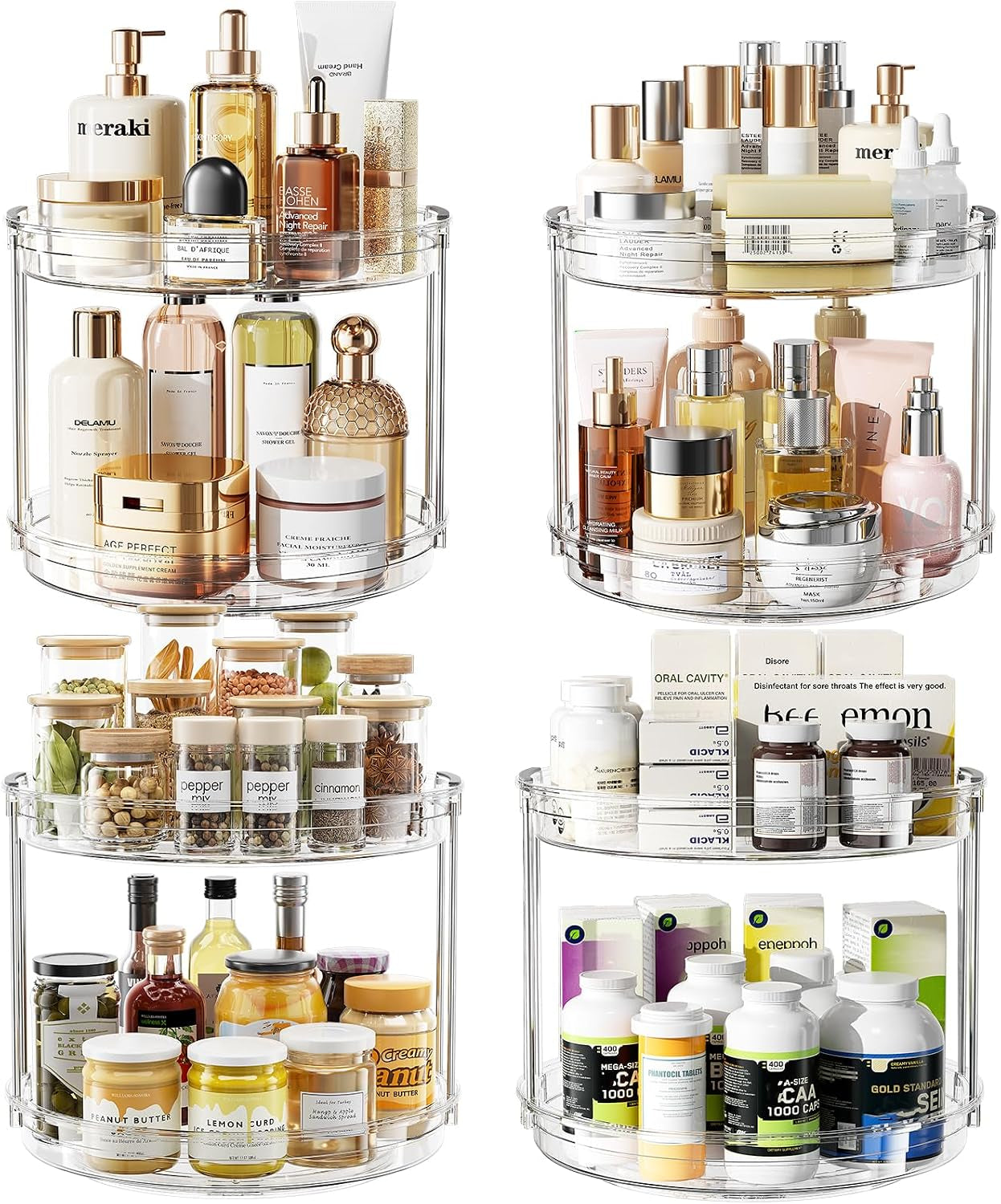 4 Pack 10.6'' 2-Tier Lazy Susan Turntable Organizer Rotating Spice Rack Organization for Cabinet, Kitchen, Pantry, Countertop, Bathroom, Vanity, Makeup Organizer, Clear
