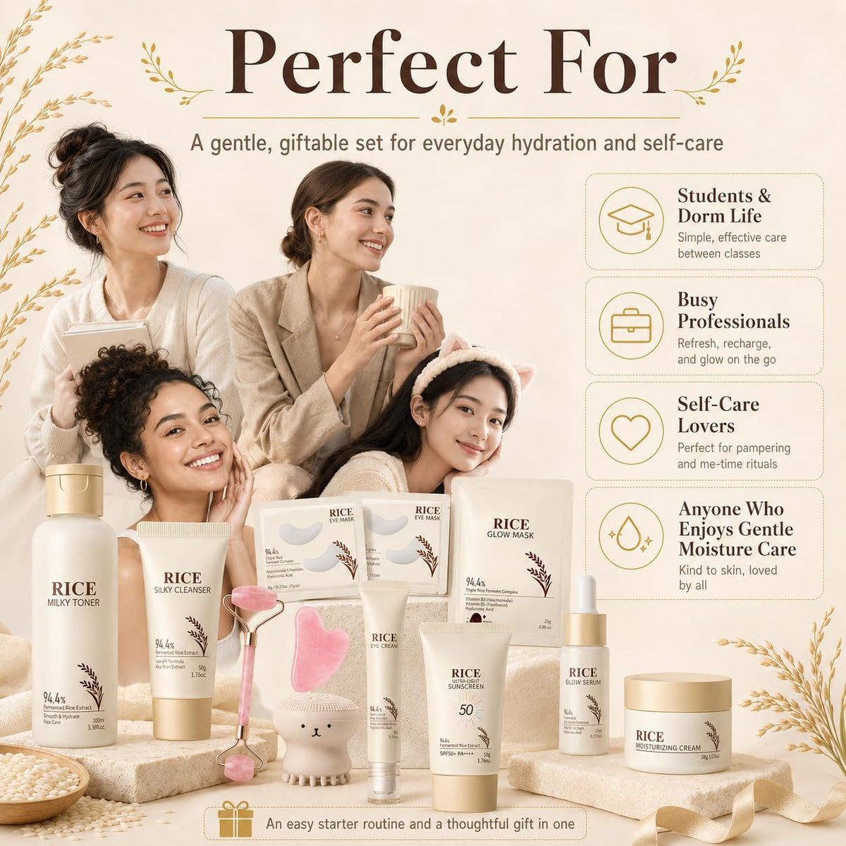 13PCS Rice Korean Skin Care Set, Korean Skincare Set, Korean Skin Care Kit - Rice Cleanser, Toner, Serum, Cream, Mask, Gua Sha & Headband, Gentle Skincare for Girls 10-12