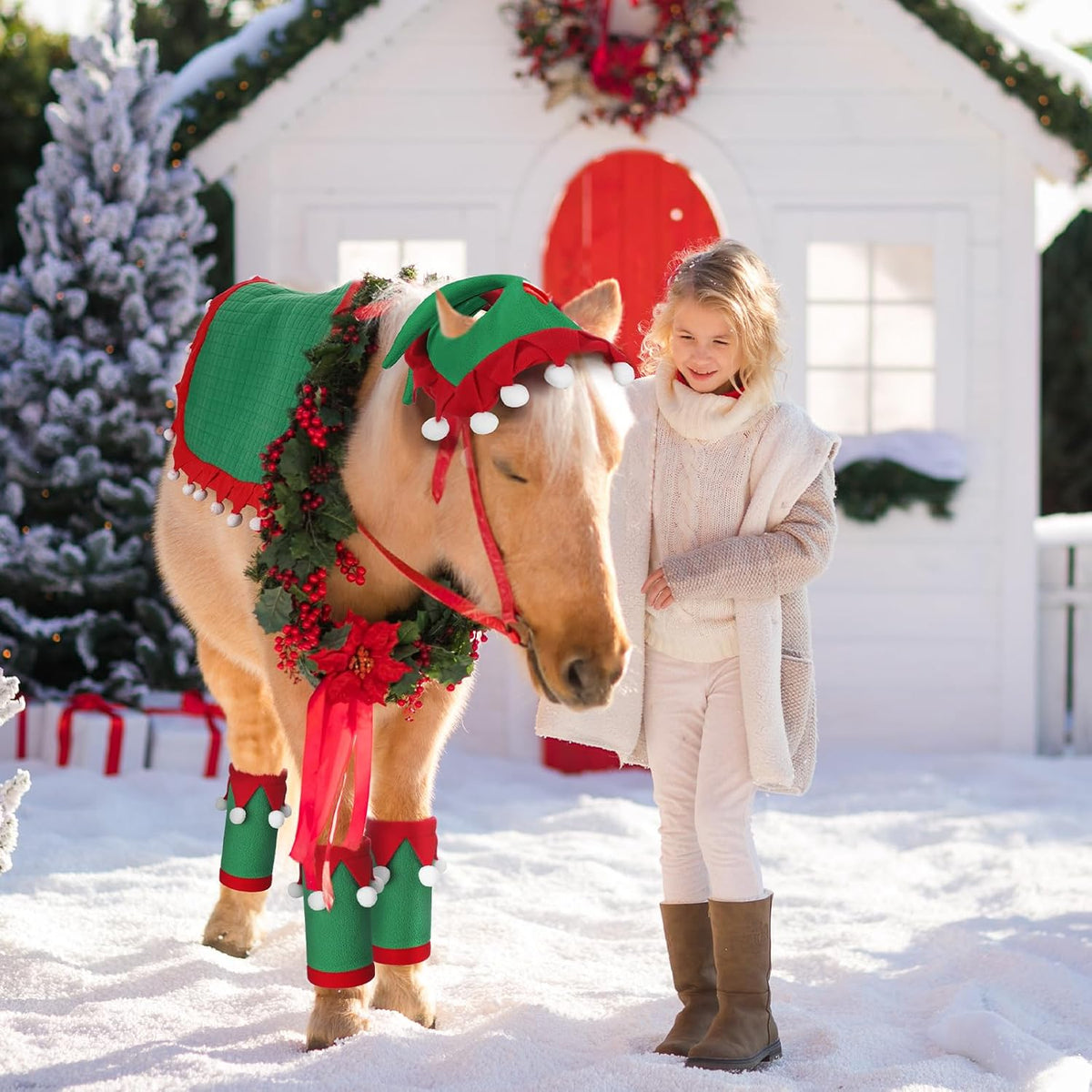 6 Pcs Christmas Holiday Santa Leg Wraps with Faux Fur Trim Holiday Santa Horse Hat All Purpose Santa Saddle Pad for Christmas Horse Costume Accessories