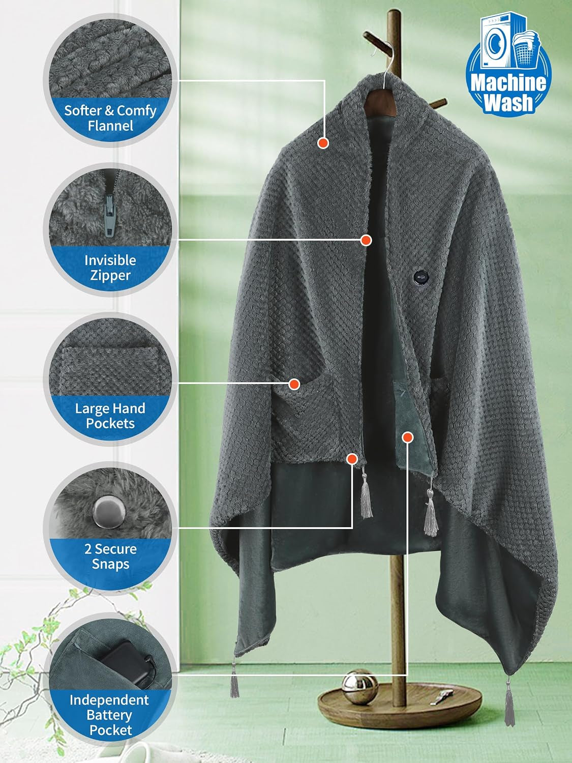 Heated Blanket Throw Battery Operated, Portable Wearable Heat Shawl Poncho