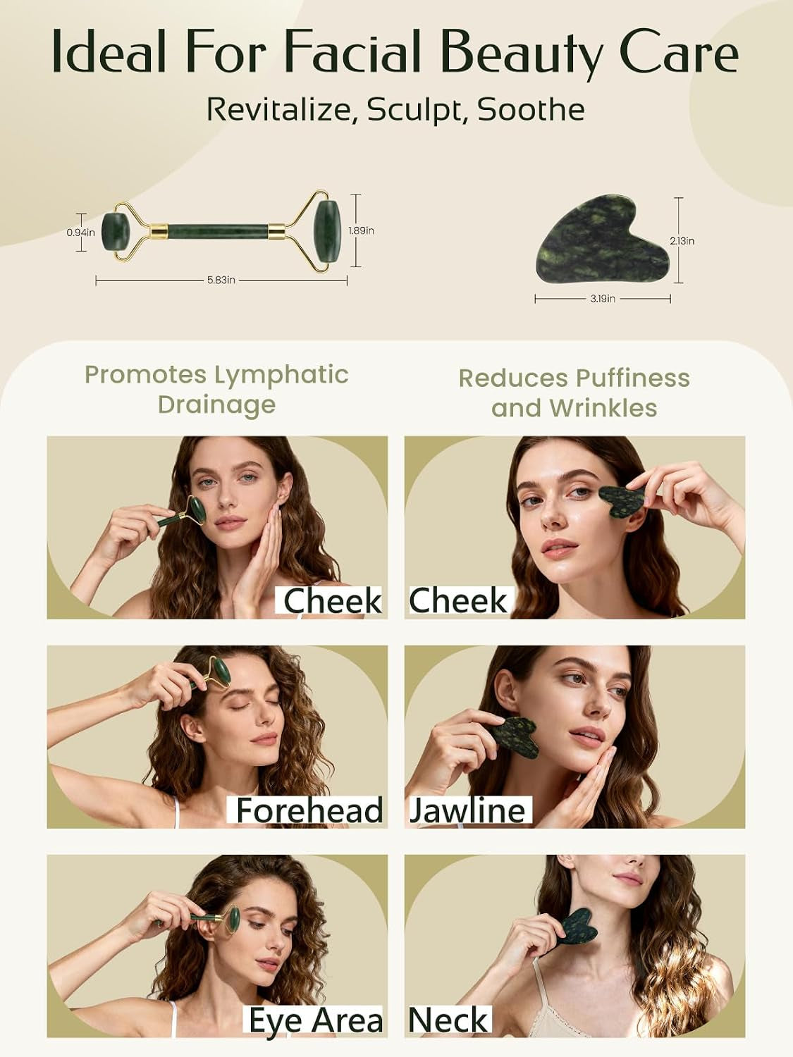 Face Roller & Gua Sha Facial Tools, Face Massager for Self Care, Jade Roller for Face, Jawline Sculpting and Puffiness Reducing