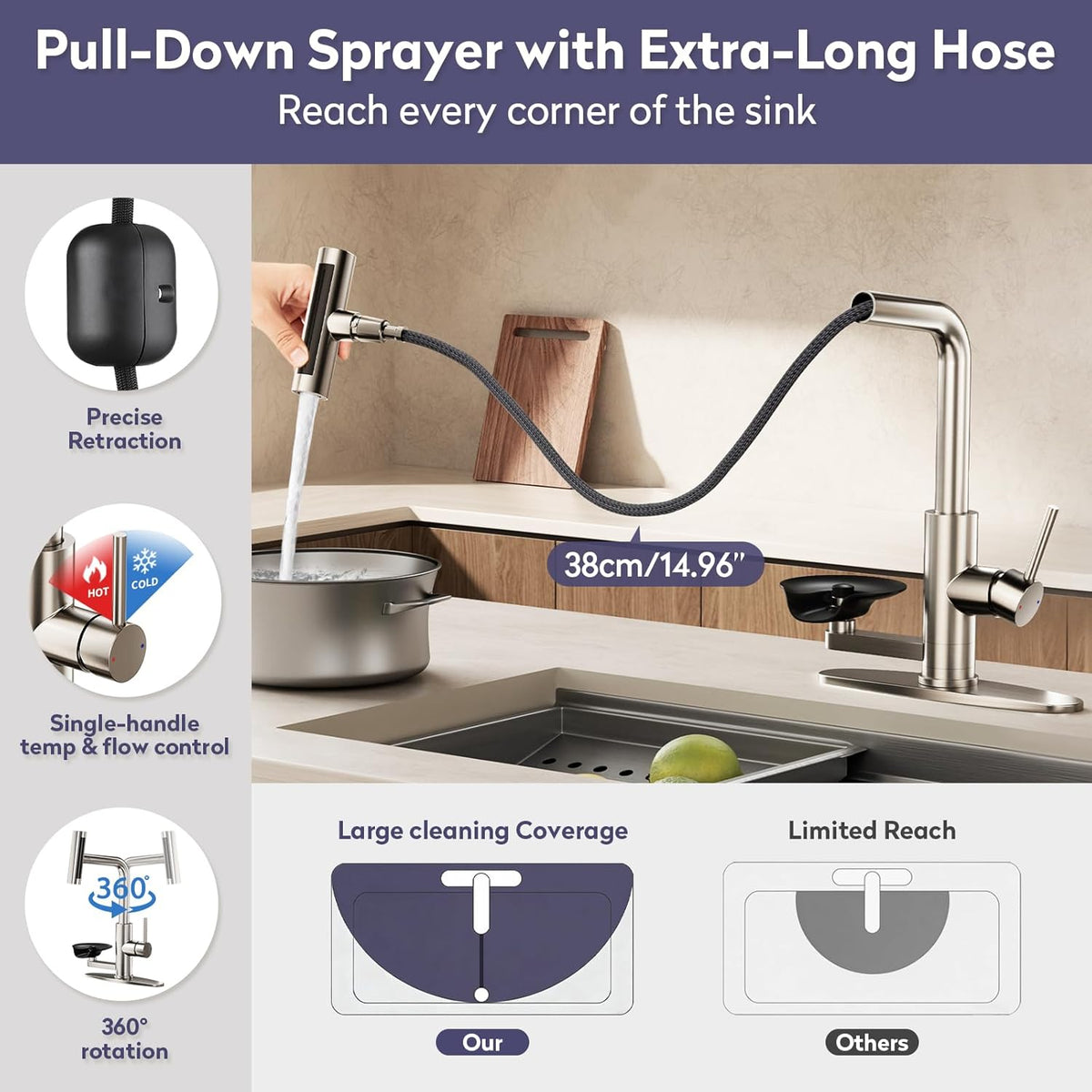Brushed Nickel Kitchen Faucet with Pull down Sprayer & Cup Washer
