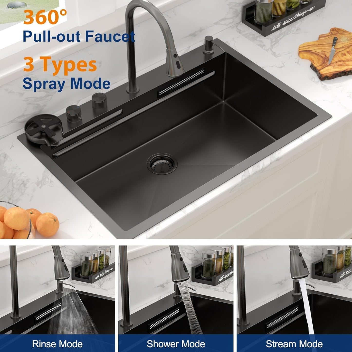Black Waterfall Drop Kitchen Sink 33 Inch Drop in Workstation Sink