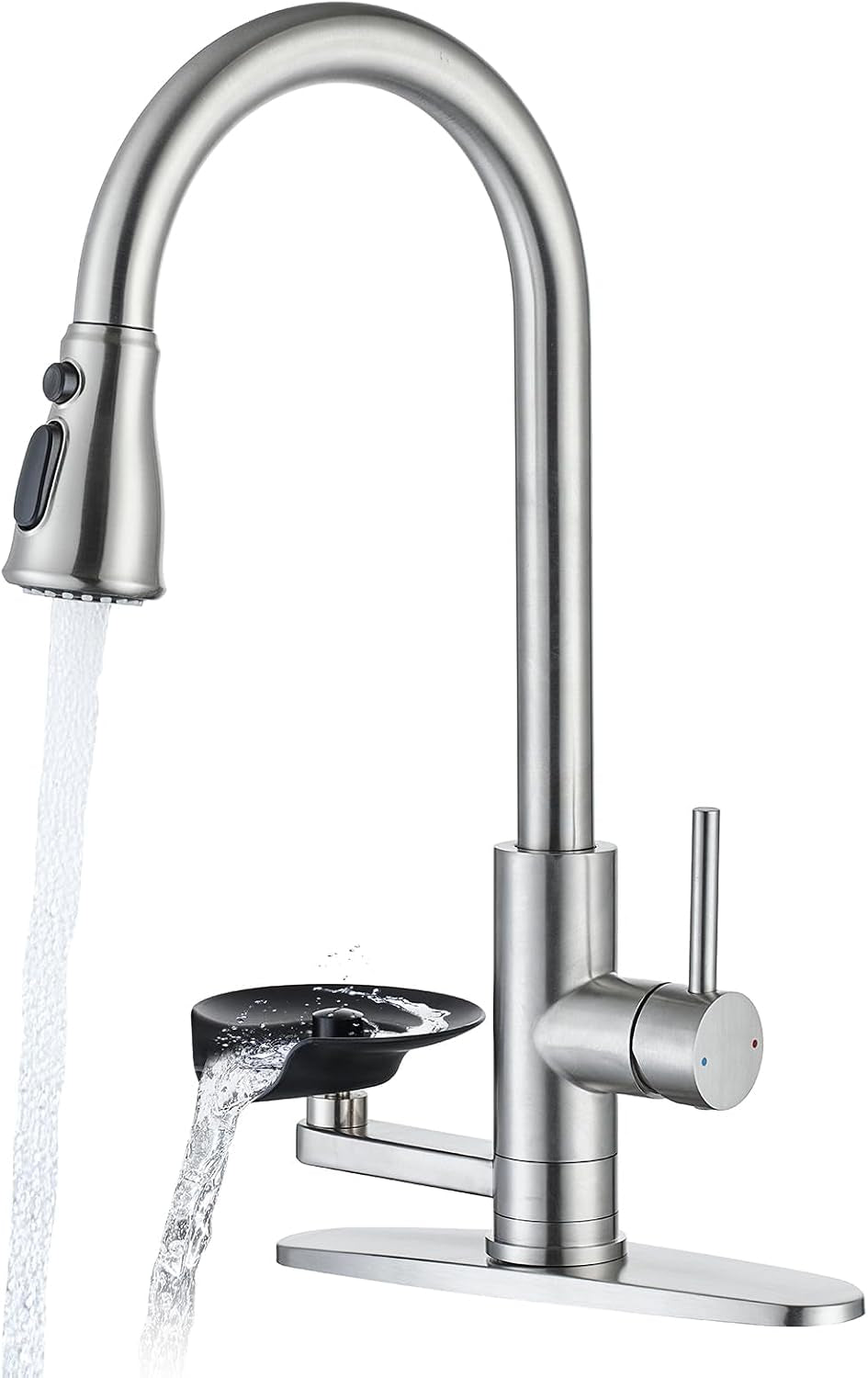 Brushed Nickel Kitchen Faucet with Glass Rinser, Pull down Sprayer with 3 Water Modes, Single Handle Stainless Steel Kitchen Sink Faucet with Deck Plate, Modern High Arc Design