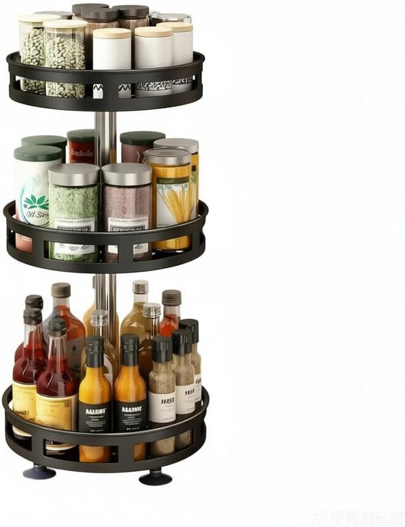 3-Tier Rotating Spice Rack Organizer, Carbon Steel, 360° Turntable, Non-Slip Base, 9.84X9.84X21.26 Inches, Black