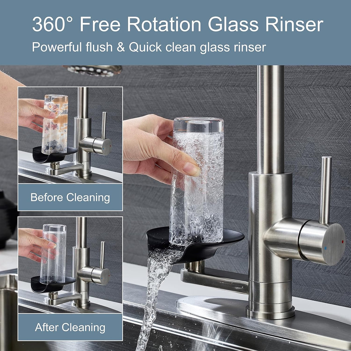 Brushed Nickel Kitchen Faucet with Glass Rinser, Pull down Sprayer with 3 Water Modes, Single Handle Stainless Steel Kitchen Sink Faucet with Deck Plate, Modern High Arc Design