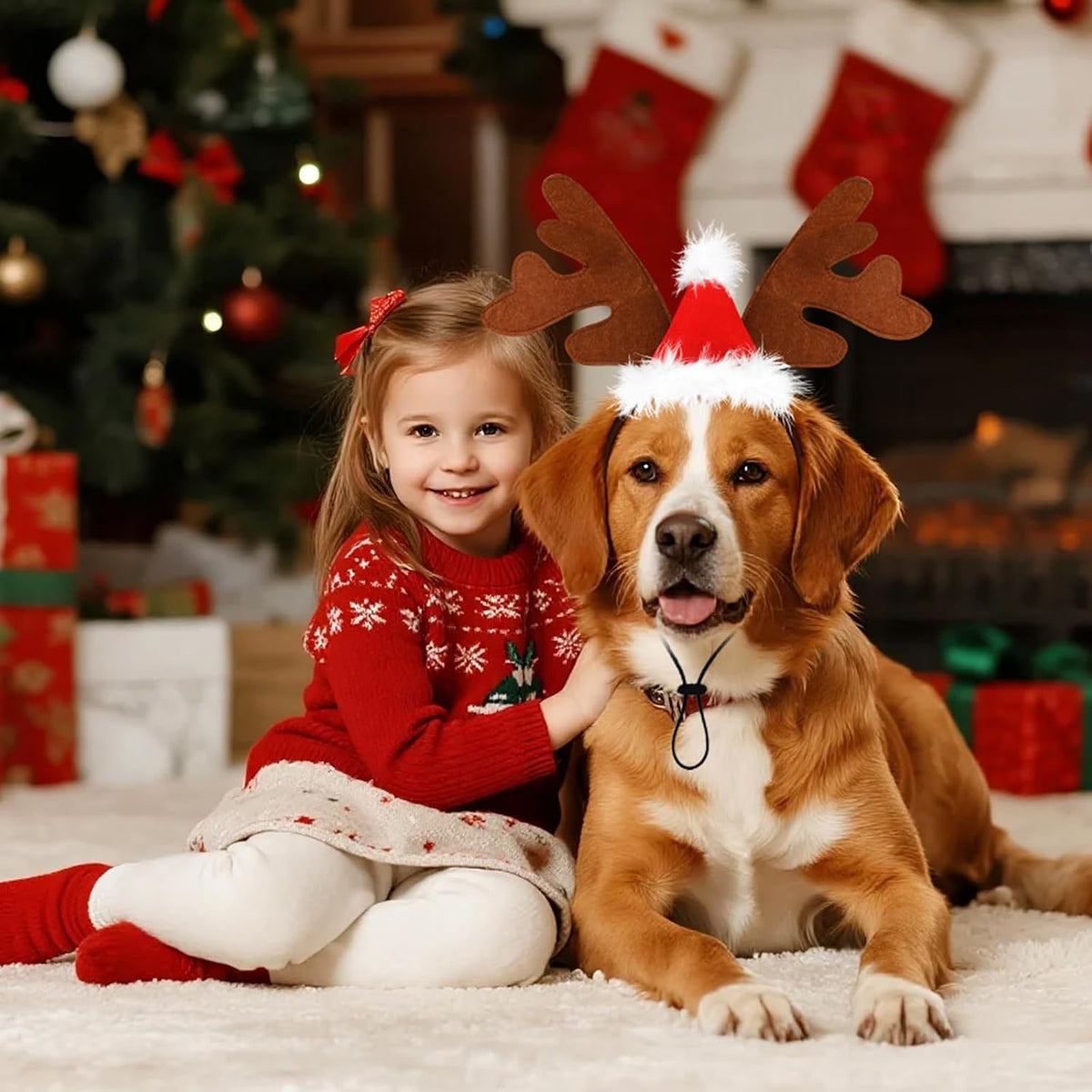 2 PCS Dog Elk Reindeer Antler Headband with Santa Hat, Pet Christmas Reindeer Antlers Headband with Adjustable Elastic Band, Xmas Elk Headwear Pet Costumes Accessories for Medium Large Dogs