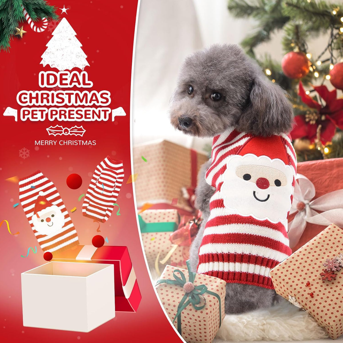 Santa Dog Sweater Christmas Funny Cute Red Striped Cat Sweater Vest Pet Holiday Dog Clothes Puppy Sweaters for Small Medium Large Dogs Cats Fall Winter Outfits Xmas Dogs Costume,Medium