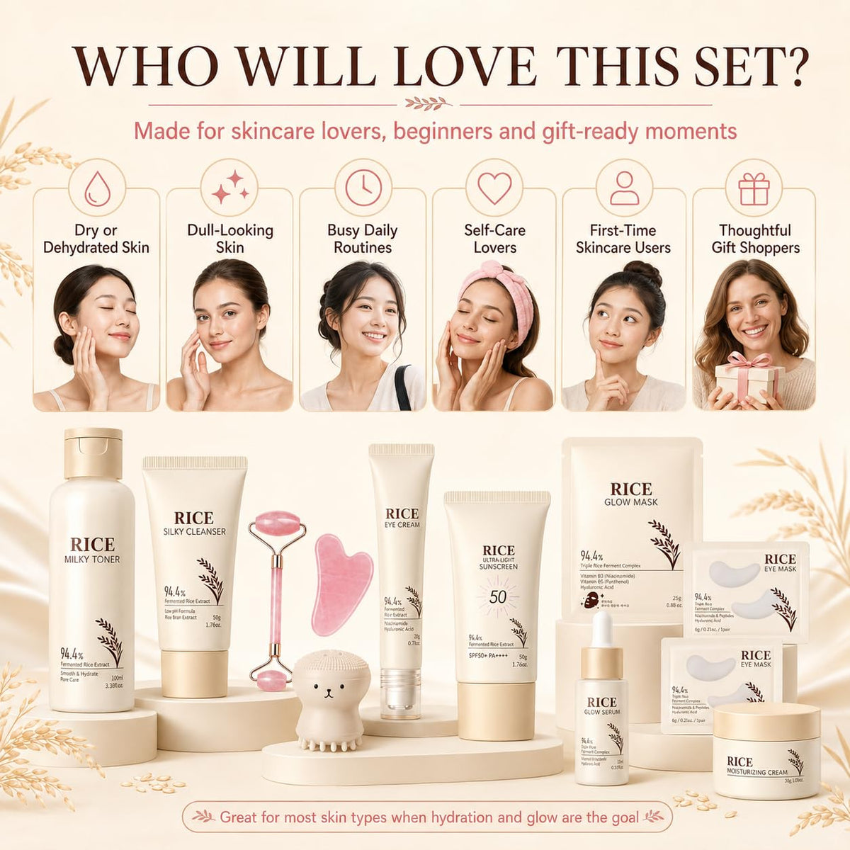 13PCS Rice Korean Skin Care Set, Korean Skincare Set, Korean Skin Care Kit - Rice Cleanser, Toner, Serum, Cream, Mask, Gua Sha & Headband, Gentle Skincare for Girls 10-12