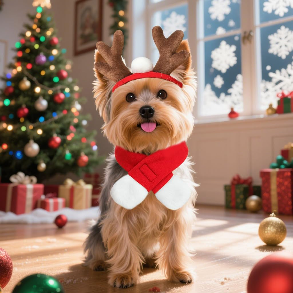 Pet Reindeer Costume for Cats Small Dogs Rabbits, Christmas Cat Antler Headband with Red Scarf, Small Dog Santa Deer Antler Outfit for Christmas New Year Party Cosplay Statue Decoration