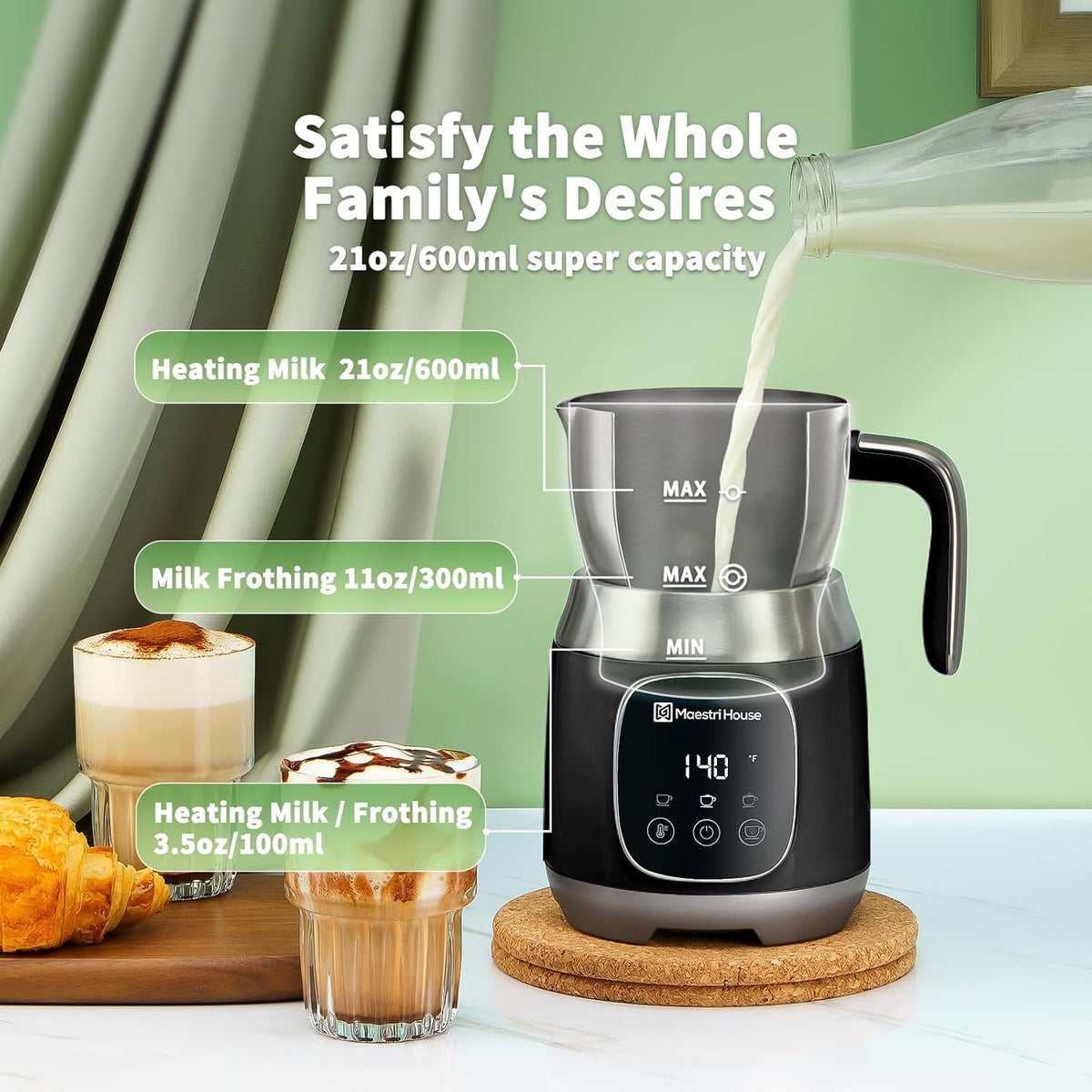 Variable Temp and Froth Thickness Dualfro 600 Milk Frother Steamer Black+ Matcha Powder
