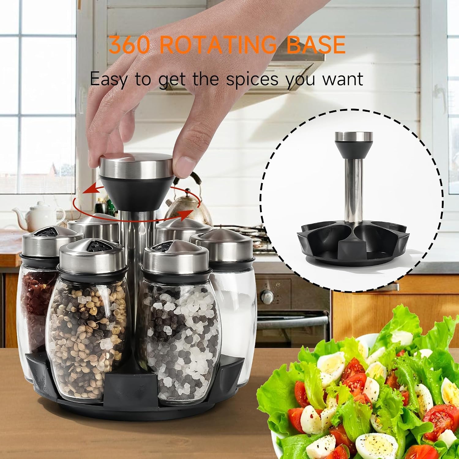 6 Pack Spinning Glass Spice Jars with Organizer Rack for Countertop