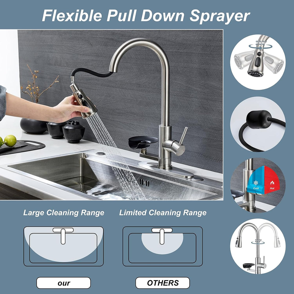 Brushed Nickel Kitchen Faucet with Glass Rinser, Pull down Sprayer with 3 Water Modes, Single Handle Stainless Steel Kitchen Sink Faucet with Deck Plate, Modern High Arc Design