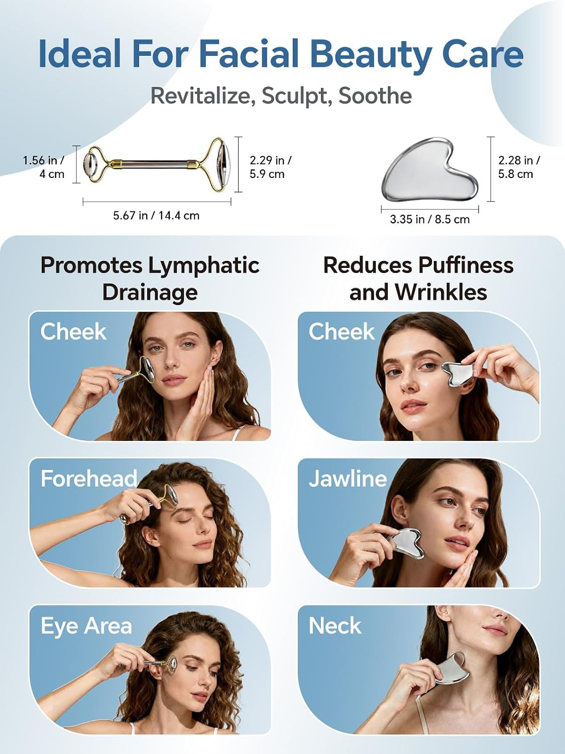 Stainless Steel Face Roller & Gua Sha Facial Tools, Face Massager for Self Care, Roller for Face, Jawline Sculpting and Puffiness Reducing