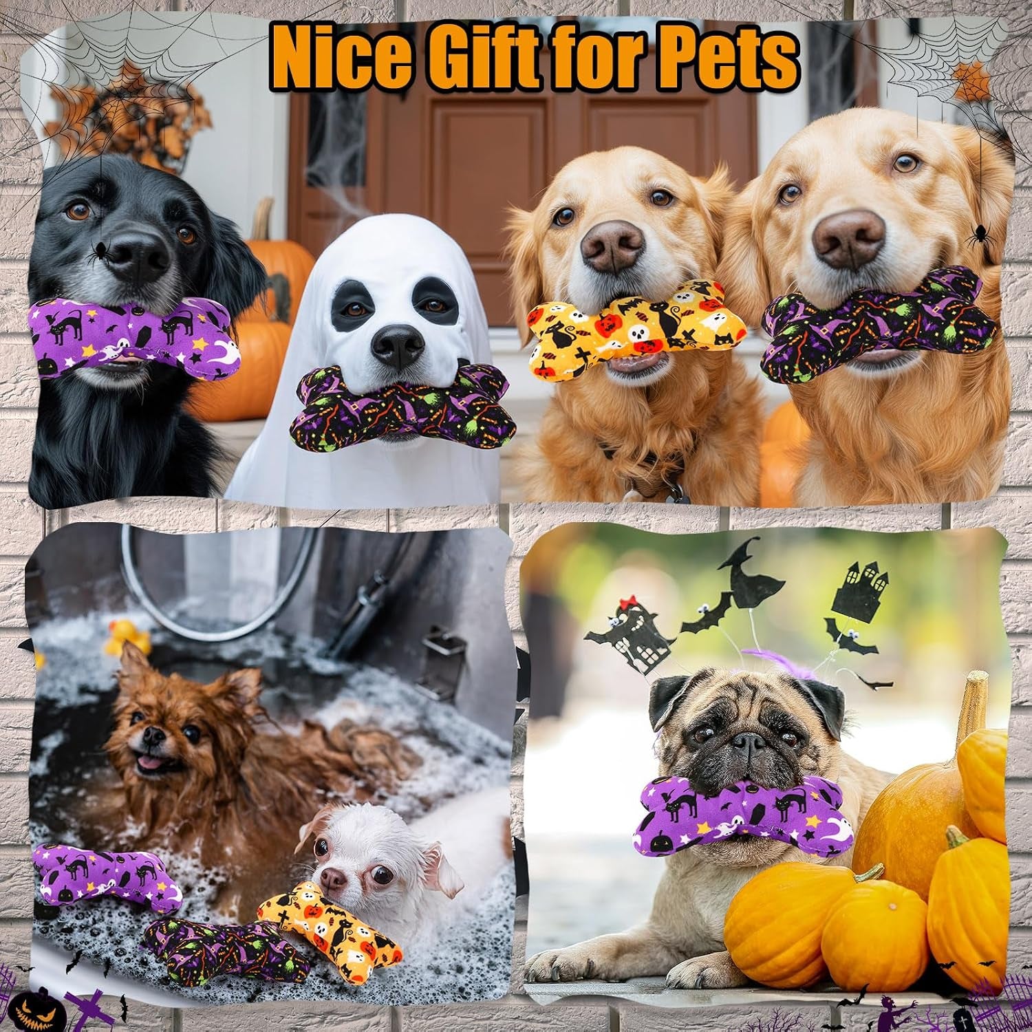 6 Pack Halloween Dog Squeaky Bone Toys Halloween Plush Interactive Dog Pets Birthday Bone Shape Stuffed Chew Toys for Puppy Small Medium Large Squeak Toss Play