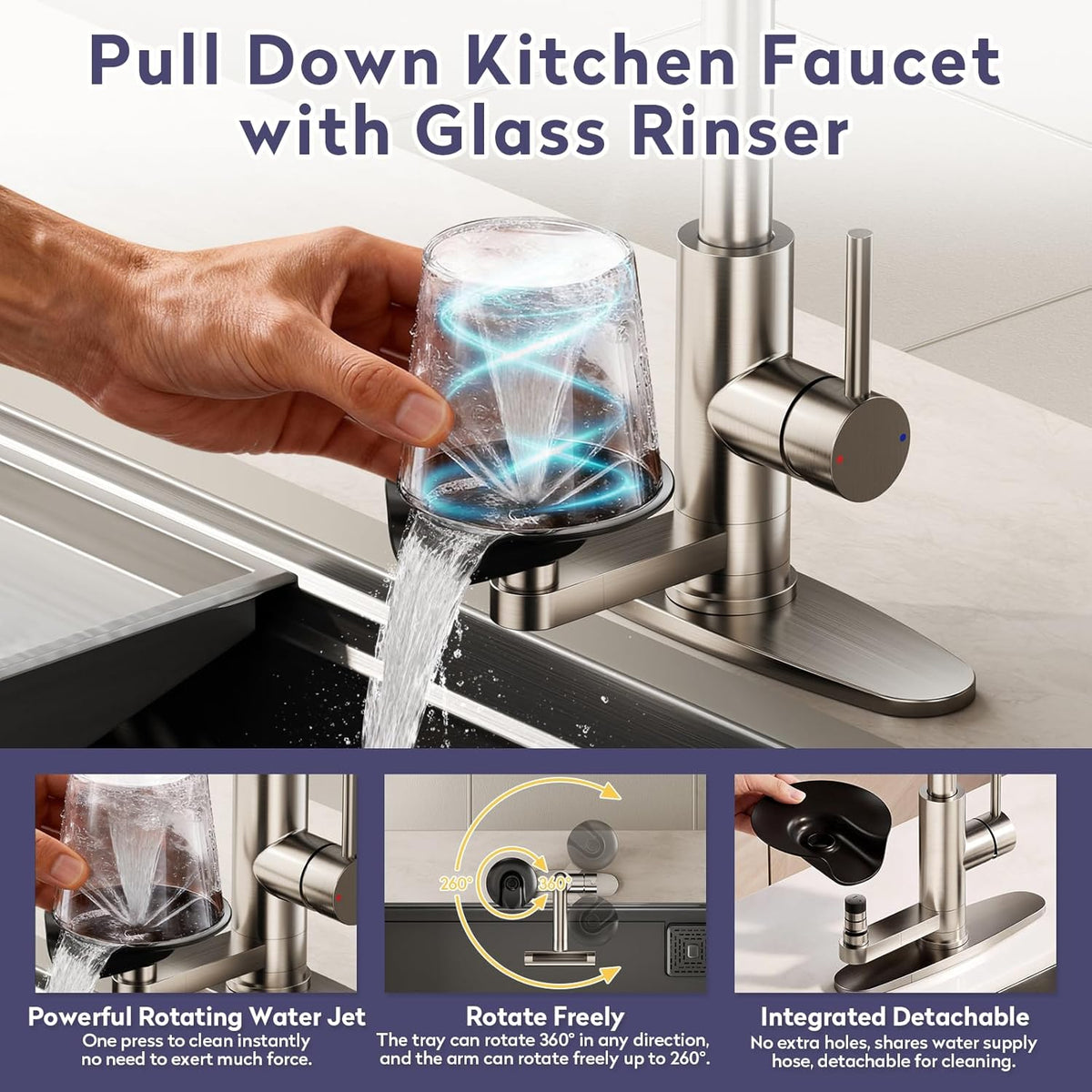 Brushed Nickel Kitchen Faucet with Pull down Sprayer & Cup Washer