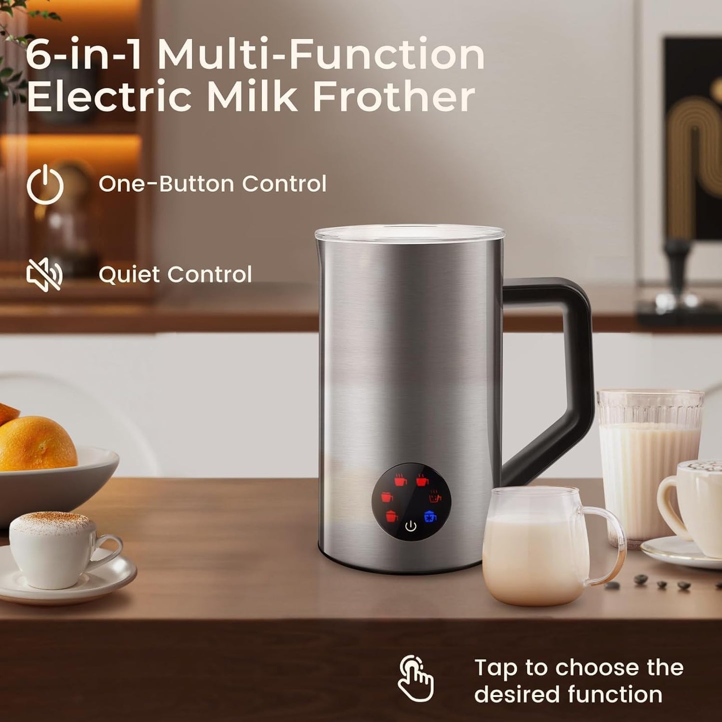 Milk Frother, 6-IN-1 Electric Milk Steamer, 20Oz/591Ml Hot & Cold Foam Maker for Latte & Cappuccino, 550W Fast Heating Stainless Steel Milk Steamer, Hot Chocolate Maker