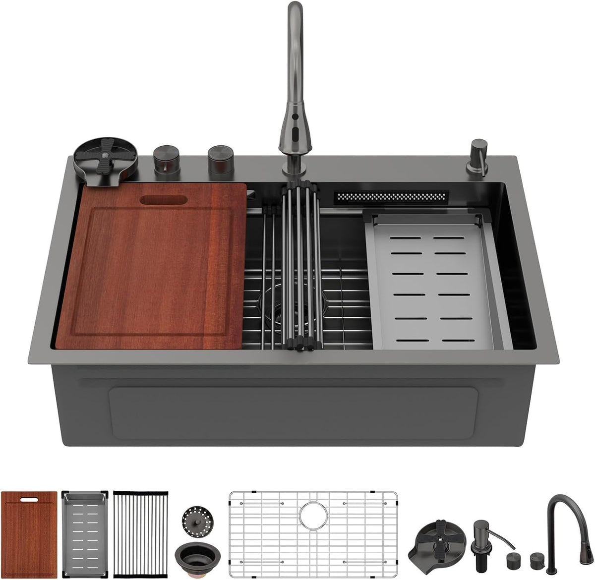 Black Waterfall Drop Kitchen Sink 33 Inch Drop in Workstation Sink