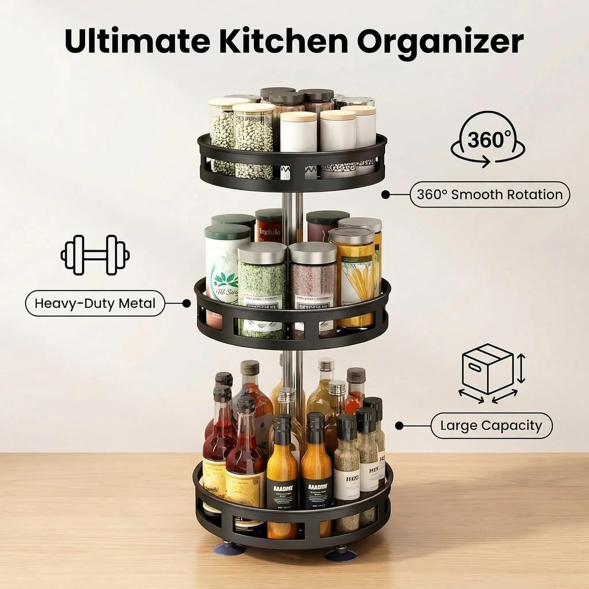 3-Tier Rotating Spice Rack Organizer, Carbon Steel, 360° Turntable, Non-Slip Base, 9.84X9.84X21.26 Inches, Black