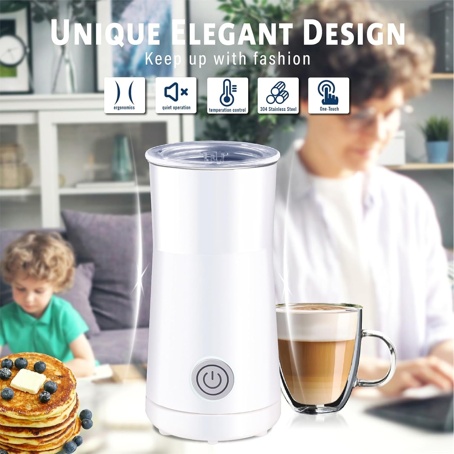 Milk Frother Simple Milk Frother and Steamer 2-In-1 Milk Steamer with Hot Milk Foam and Hot Milk for Latte, Macchiato, Cappuccinos, White （Medium）