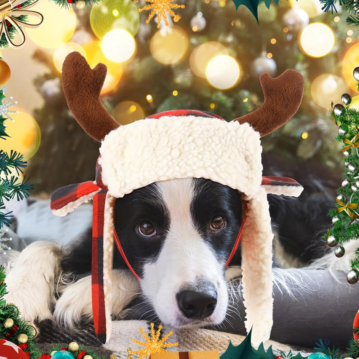 2 Pcs Christmas Antler Check Dog Santa Hat Adjustable Pet Red Plaid Pet Cap Xmas Antler Dog Hats for Small Medium Large Dogs(M)