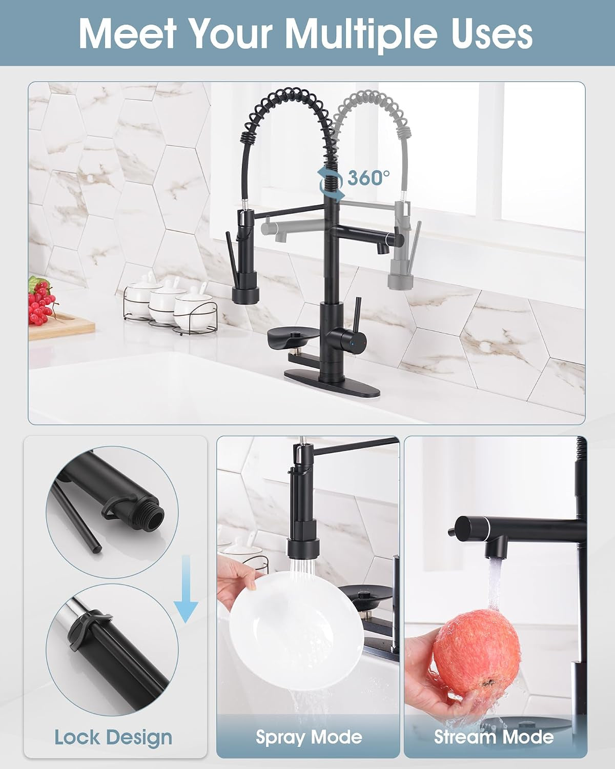 Kitchen Sink Fuacet with Glass Rinser, Single Handle Kitchen Faucet with Pot Filler, Pull down Sparyer, Deck Plate, 304 Stainless Steel, Matte Black