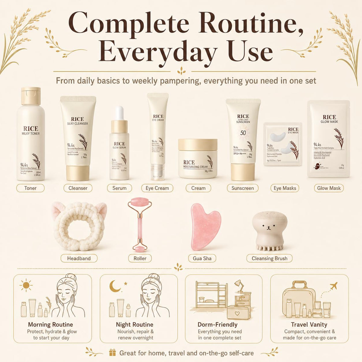 13PCS Rice Korean Skin Care Set, Korean Skincare Set, Korean Skin Care Kit - Rice Cleanser, Toner, Serum, Cream, Mask, Gua Sha & Headband, Gentle Skincare for Girls 10-12