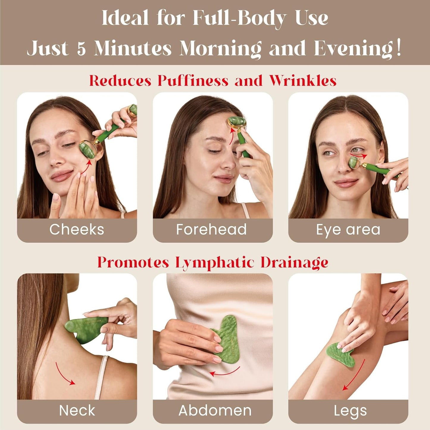 Gua Sha and Face Roller Set: Anti-Breakage Jade Roller for Long-Lasting Use, Jawline Sculpting and Puffiness Reducing, Gua Sha Facial Tools for Self Care Gift (Green)